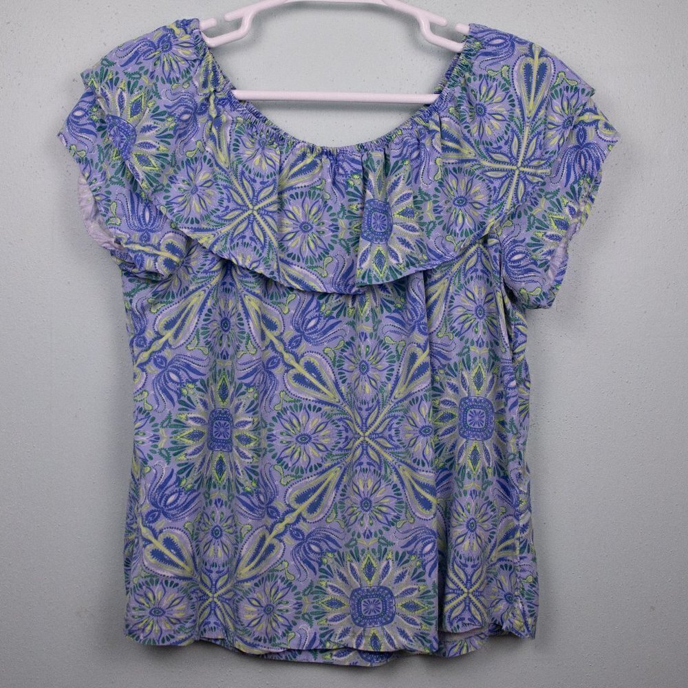 Westbound blue abstract print off the shoulder top-1X